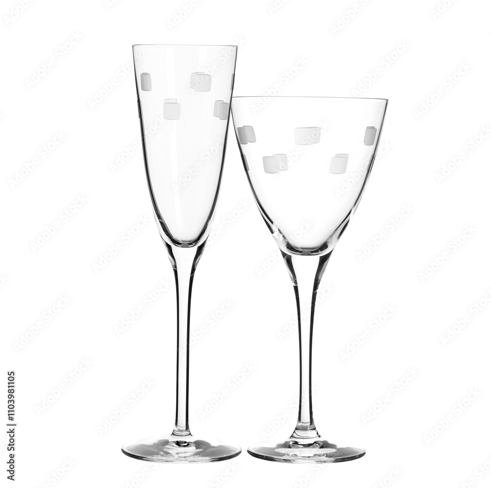 Collage of different glass transparent glasses isolated on white background Collage of different glass transparent glasses isolated on white background