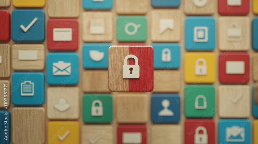 Wood block SEO Business. Lock icon among colorful app buttons Wood block SEO Business. Lock icon among colorful app buttons