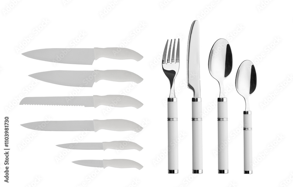 Fototapeta premium Collage of various cutlery knives spoons and forks isolated on white background