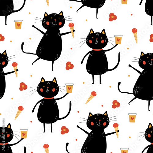 Seamless pattern with cute black cats holding ice cream and coffee cups, surrounded by flowers. Ideal for summer textiles, wrapping paper, cafe decor, or playful branding projects.