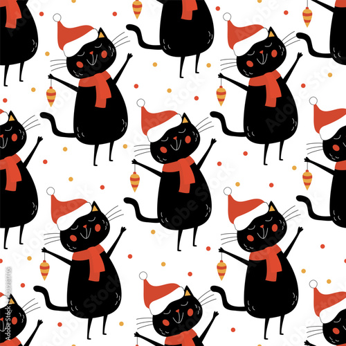 Festive seamless pattern with cute black cats holding Christmas ornaments, wearing santa hats and red scarfs. Perfect for holiday wrapping paper, party decor, textiles or gift designs