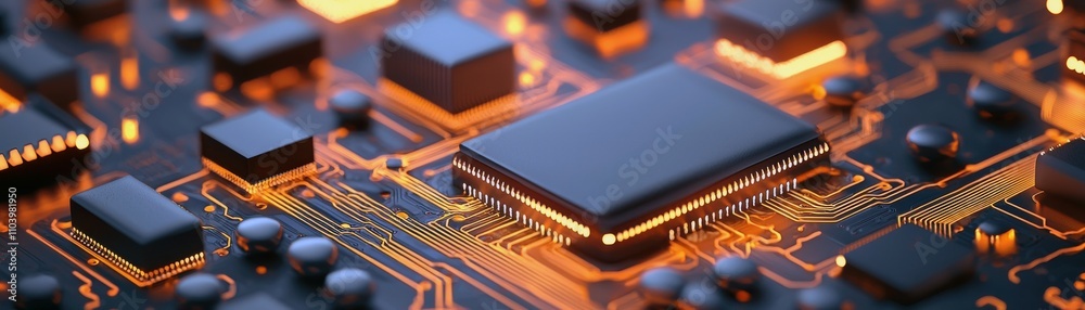 A close-up of a circuit board featuring intricate patterns and illuminated components, showcasing technology and electronic design. A close-up of a circuit board featuring intricate patterns and illuminated components, showcasing technology and electronic design.