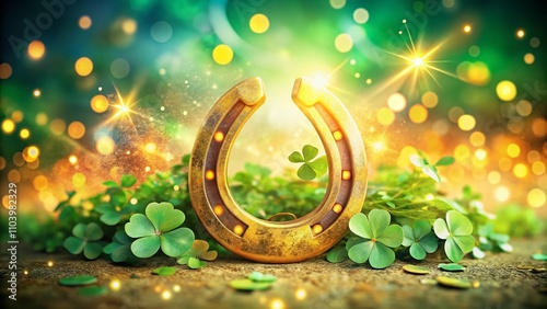 Watercolor Illustration of a Golden Horseshoe for St. Patrick's Day with Bokeh Effect, Celebrating Luck and Tradition in a Festive Atmosphere
