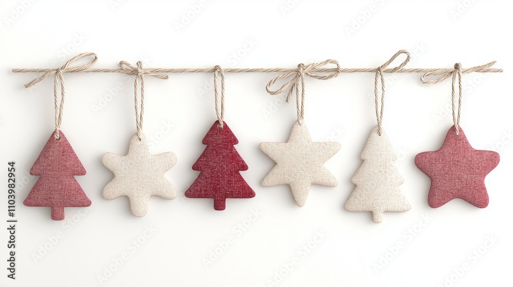 Festive Handmade Felt Holiday Garlands with Stars and Trees - 3D Render Craft for Christmas Tree Decoration on White Background Festive Handmade Felt Holiday Garlands with Stars and Trees - 3D Render Craft for Christmas Tree Decoration on White Background