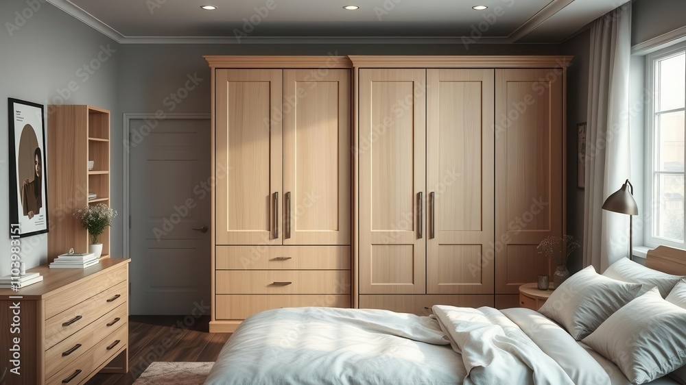 Fototapeta premium A cozy bedroom featuring a stylish wardrobe with modern aesthetic touches such as clean lines, neutral colors, and minimalistic decor, neutral colors, modern, tranquility