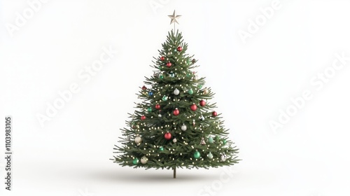 Festive Christmas Tree with Twinkling Lights, Colorful Ornaments, and Sparkling Star - 3D Render on Isolated White Background