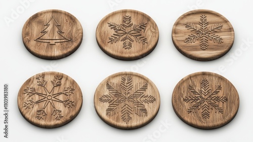 Festive Holiday Wood Coasters Collection with Engraved Christmas Designs on Isolated White Background - Ultra-Detailed 3D Render Illustration
