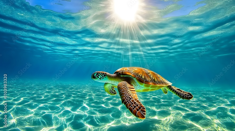 Obraz premium A sea turtle swims gracefully beneath a sun-dappled ocean surface, captured mid-glide in the crystal-clear, shimmering blue waters