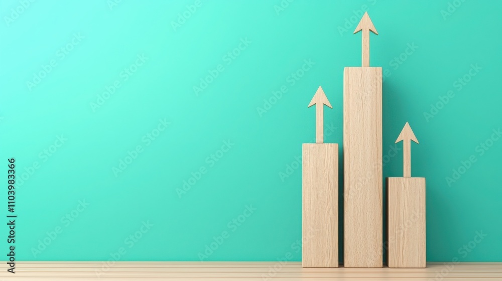 Wood block SEO Business. Growth bars with arrows on teal background Wood block SEO Business. Growth bars with arrows on teal background