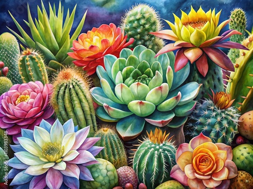 Watercolor Succulent Set Featuring Botanical Illustrations of Cactus Blossoms and Vibrant Floral Garden Plants in a Candid Photography Style for Nature Lovers and Decor Enthusiasts