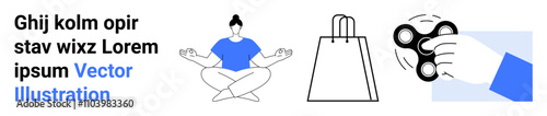 Woman meditating in lotus position, paper shopping bag, hand holding fidget spinner. Ideal for wellness, mindfulness, consumerism, stress management, relaxation ecommerce lifestyle. Landing page
