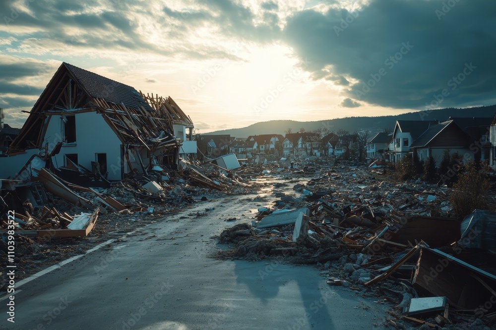 Devastation of a contemporary small town after tornado a realistic depiction of nature s fury Devastation of a contemporary small town after tornado a realistic depiction of nature s fury