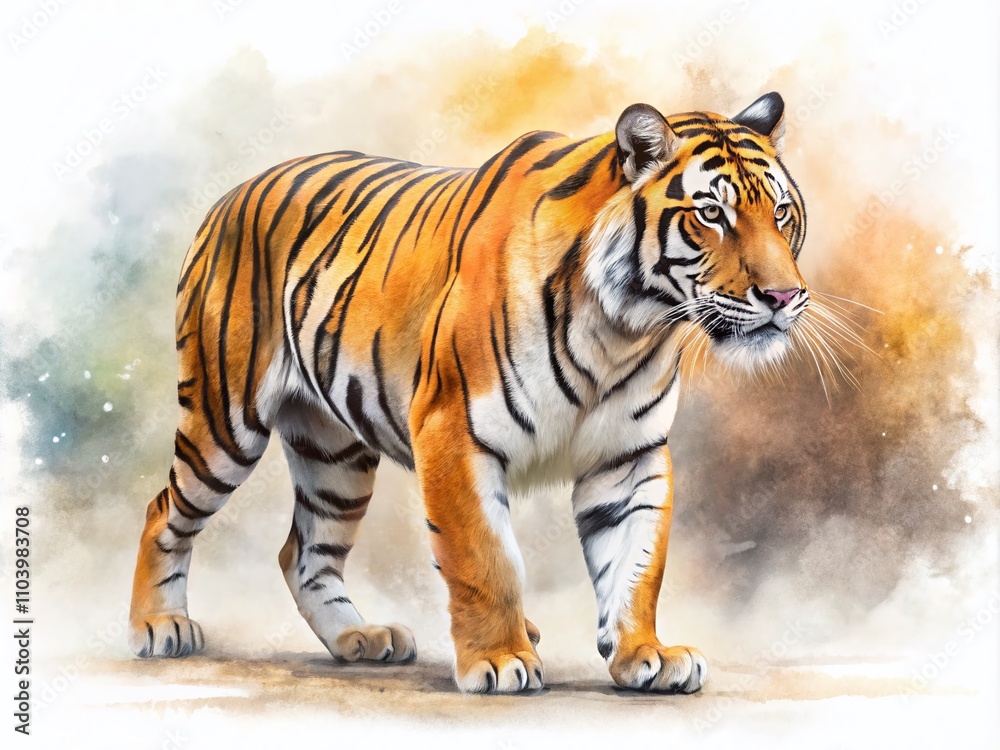Obraz premium Watercolor Walking Tiger in Profile on a White Background with Artistic Tilt-Shift Photography Technique for Nature and Wildlife Enthusiasts