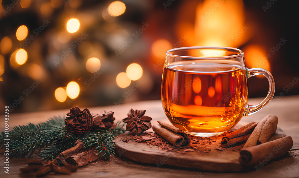 A glass of spiced drink rests on a wooden board near a glowing fireplace, evoking warmth A glass of spiced drink rests on a wooden board near a glowing fireplace, evoking warmth