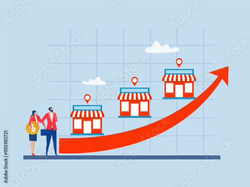 Franchise,business people  invests opportunities to expand a shop,startup strategy growth arrows vector illustration