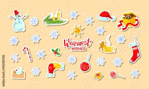 Cute Boxing day, Xmas, New Year stickers, magnets or pins. Santa hat, giftbox, stocking snowflakes