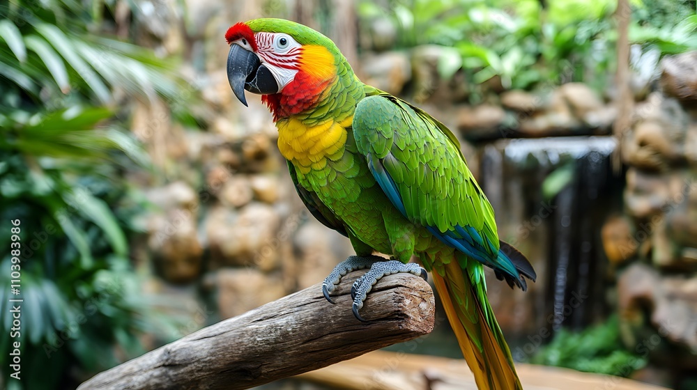 Obraz premium A stunningly vibrant green parrot with red and yellow accents perched on a wooden branch in a natural tropical setting