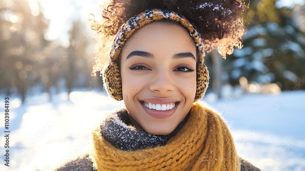 A person wearing stylish ear warmers and a cozy scarf while walking in a snowy park, enjoying winter weather A person wearing stylish ear warmers and a cozy scarf while walking in a snowy park, enjoying winter weather