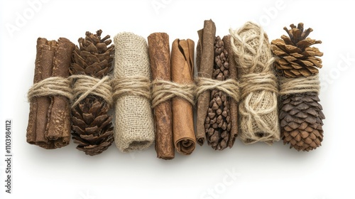 Festive Holiday Napkin Rings 3D Render with Twine, Pinecones, and Dried Fruit on White Background