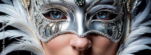 Horizontal close-up photo of beautiful woman wearing silver carnival mask.