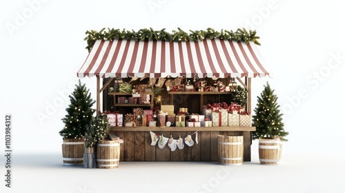 Festive Christmas Market Stall Filled with Handmade Crafts and Decorations - Ultra-Detailed 3D Render on White Background