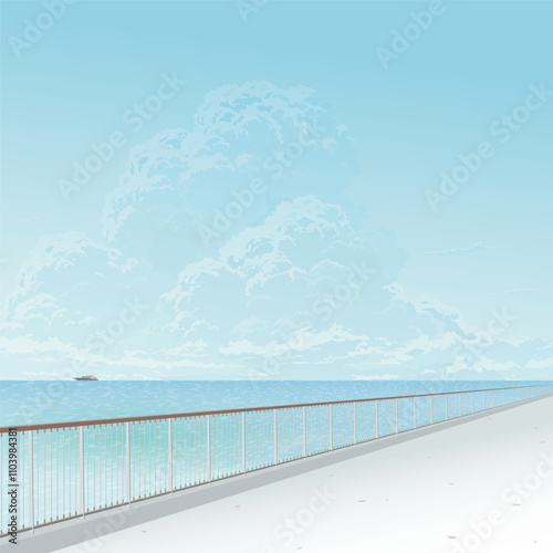 Seaside walkway in sunny day have blue sky square background graphic illustration. Traveling in summer concept have blank space.