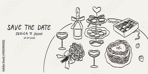 Save the date in La dolce vita sketch style. Hand drawn food illustrations on table. Romantic dinner icons. Wine or champagne, dessert, heart shape cake drawings for wedding invitations and parties.