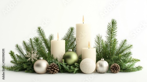 Festive Table Centerpieces with Candles, Greenery, and Ornaments for Holiday Gatherings - 3D Render Illustration on White Background