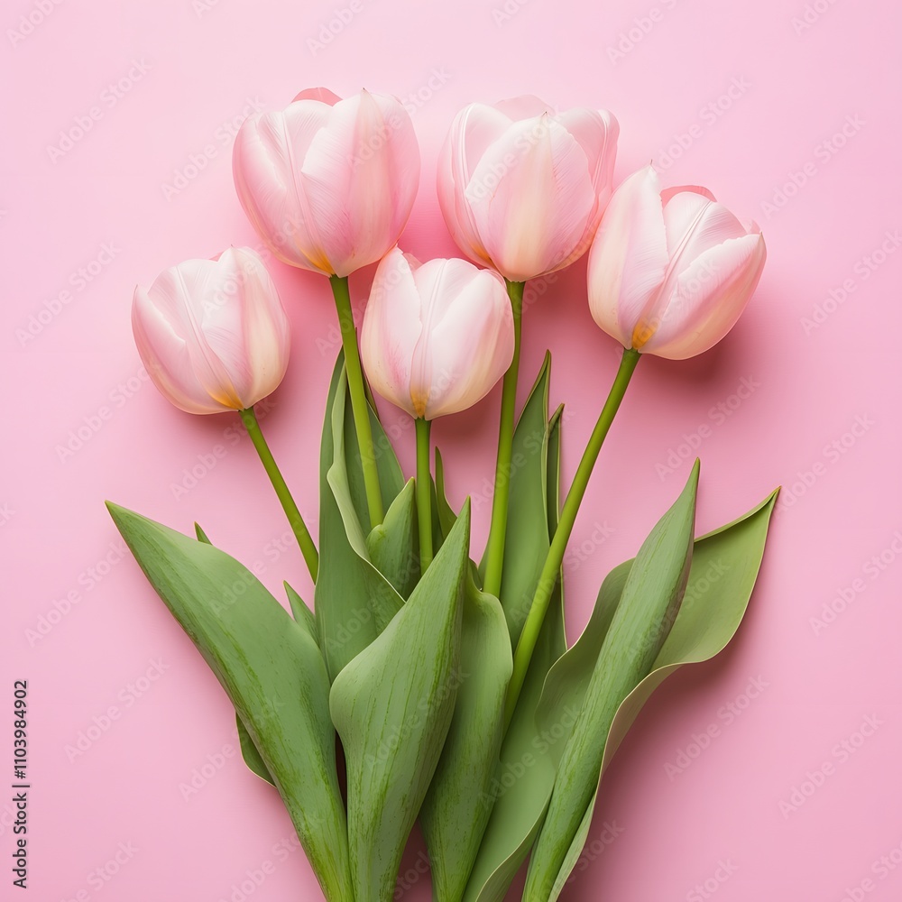 Beautiful composition spring flowers. Bouquet of pink tulips flowers on pastel pink background Beautiful composition spring flowers. Bouquet of pink tulips flowers on pastel pink background