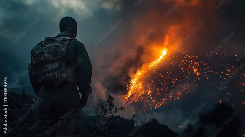 Obraz premium A person gazes at a volcanic eruption, witnessing the power of nature's fury.