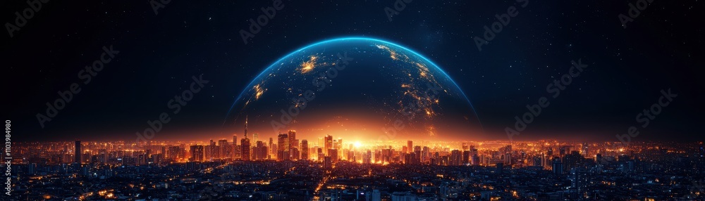 Fototapeta premium A vibrant, futuristic cityscape under a glowing blue planet, with a dramatic horizon illuminated by a warm, fiery glow.
