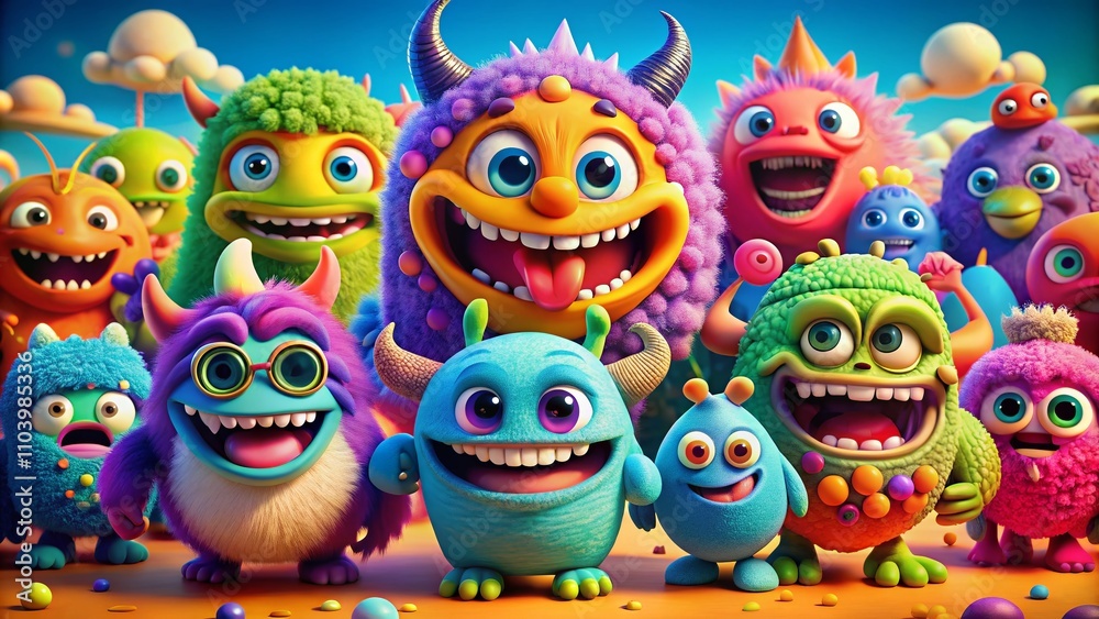 Fototapeta premium Whimsical Cartoon Monsters Smiling in a Colorful Environment for Playful Product Photography