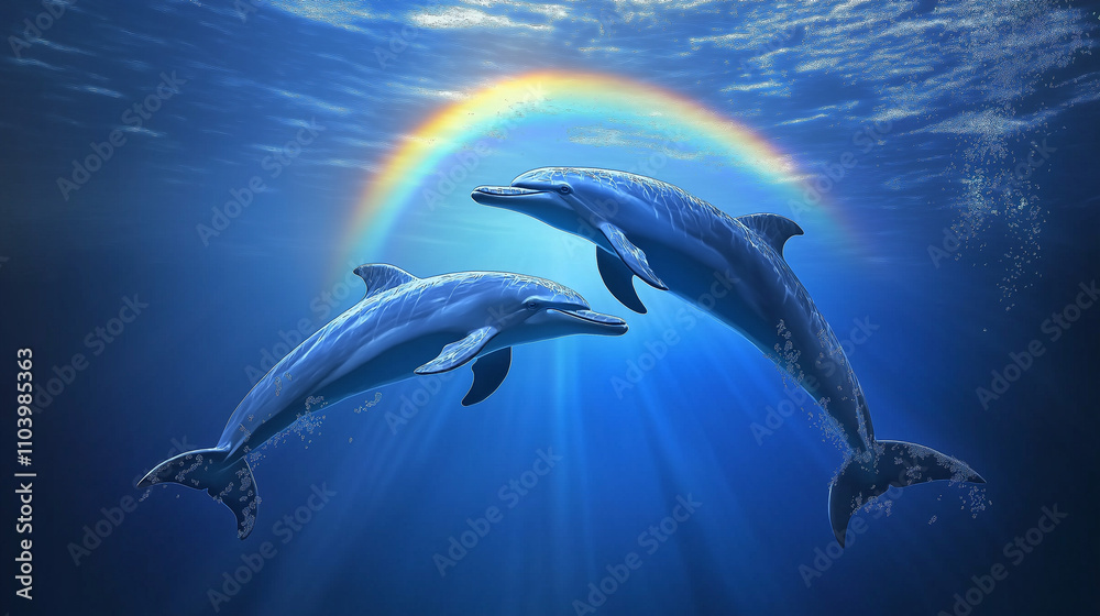 Naklejka premium A super landscape with two dolphins swimming together in a colorful sea water.