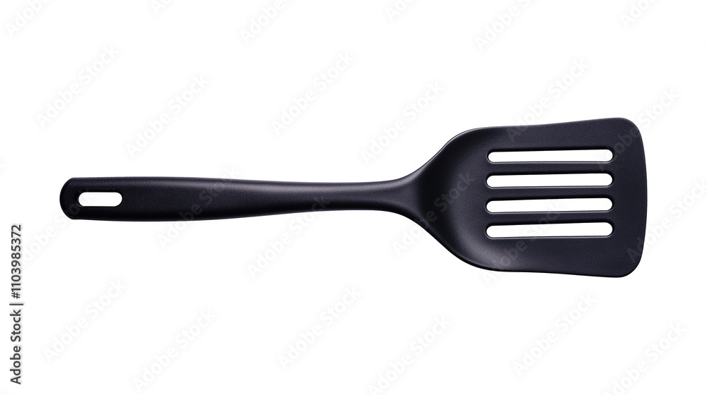 Black nylon slotted spatula with ergonomic handle image isolated transparent. Practical kitchen tool cut out photo png. Versatile cooking utensil cutout element object photography Black nylon slotted spatula with ergonomic handle image isolated transparent. Practical kitchen tool cut out photo png. Versatile cooking utensil cutout element object photography