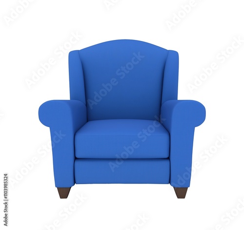 Cozy blue armchair with classic rounded armrests image isolated transparent. Soft fabric upholstery chair cut out photo png. Vibrant home furniture cutout element object photography