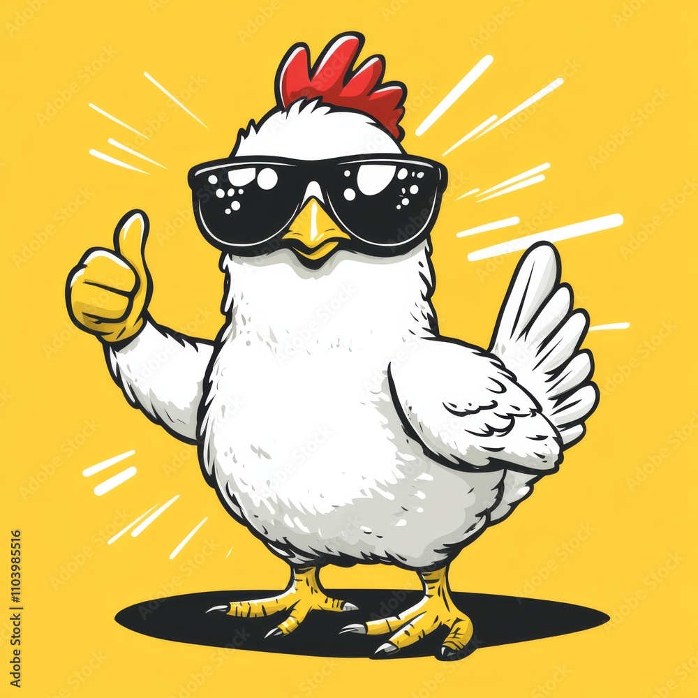 A cartoon white chicken with black sparkling eyes and yellow feet, raise the hand give a thumbs-up symbol, wearing sunglasses