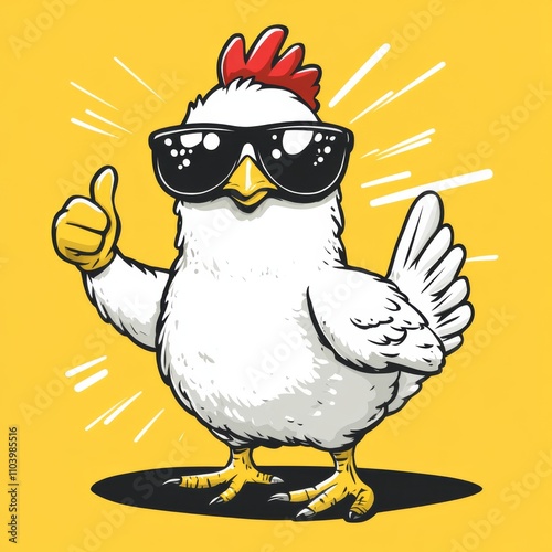Obraz na płótnie A cartoon white chicken with black sparkling eyes and yellow feet, raise the hand give a thumbs-up symbol, wearing sunglasses w salonie