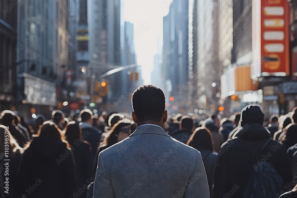 Sunlit City Street Anonymous Man in Dense Crowd Sunlit City Street Anonymous Man in Dense Crowd