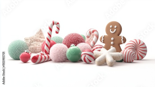 Festive Holiday Plush Ornaments with Candy Canes and Gingerbread Men - 3D Render Illustration on White Background with Vibrant Colors and Textures