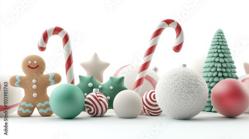 Festive Holiday-Themed Plush Ornaments in 3D Render with Candy Canes and Gingerbread Men on Isolated White Background, Ultra-Detailed Illustration