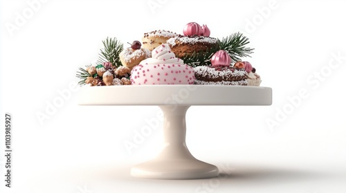 Festive Holiday Cake Stand with Variety of Treats - Detailed 3D Render on White Background