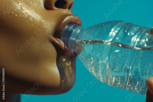 A close-up of someone drinking water from a plastic bottle, focusing on the mouth and lips  photo