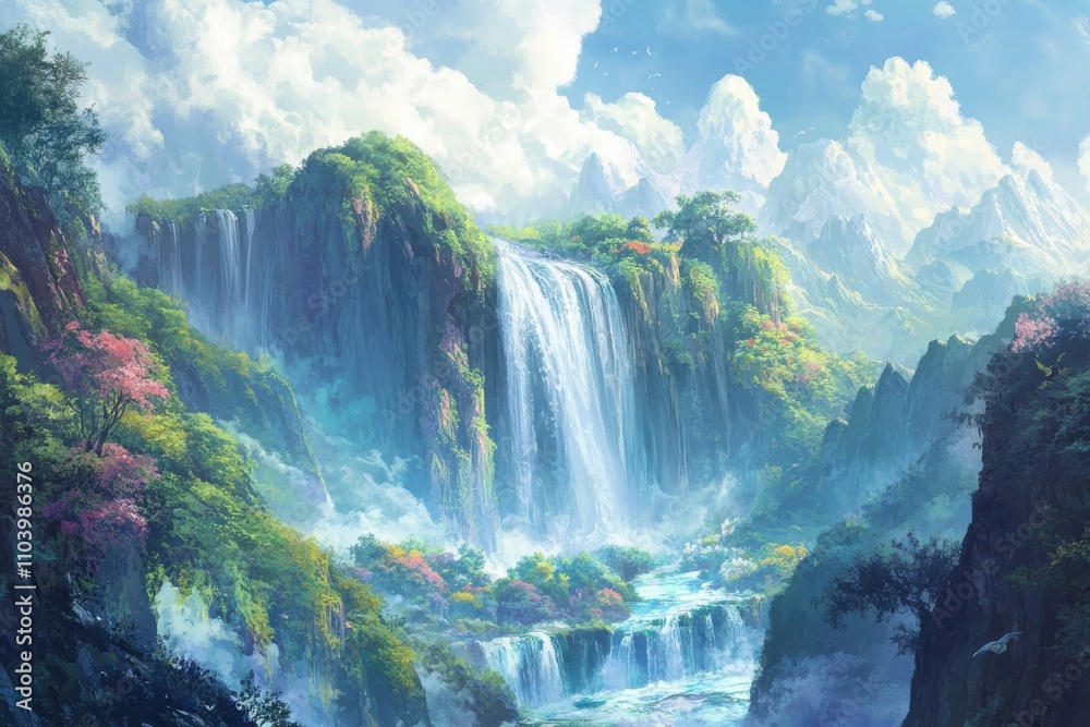 Majestic Waterfalls Surrounded by Lush Mountains and Vibrant Flora in a Serene Landscape Majestic Waterfalls Surrounded by Lush Mountains and Vibrant Flora in a Serene Landscape