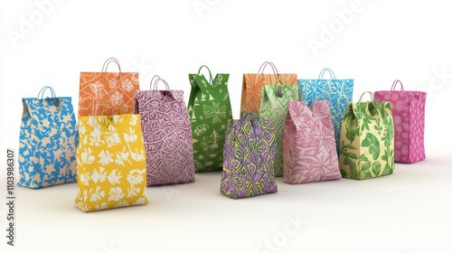 Festive Collection of Colorful Holiday Gift Bags in 3D Render for Present Wrapping on Isolated White Background