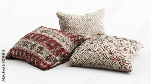 Festive Holiday Throw Blankets and Cushions Arrangement in Detailed 3D Render on White Background