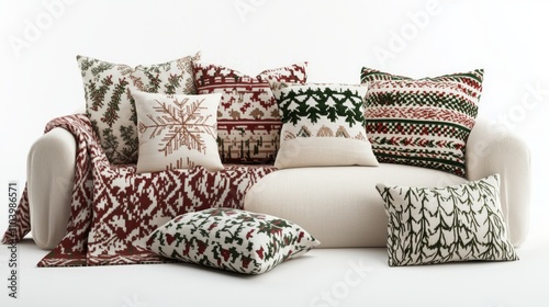 Festive Holiday Throw Blankets and Cushions in Cozy 3D Render Illustration on Isolated White Background