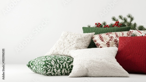 Festive Holiday-Themed Cozy Arrangement of Throw Blankets and Cushions in 3D Render on Isolated White Background