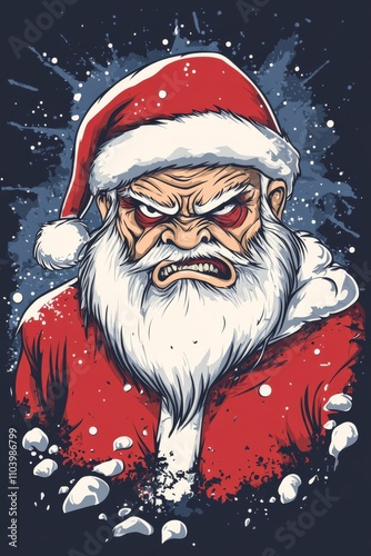 A flat shirt design - santa looking extremely grumpy and fed up with christmas chaos with his mouth closed, with a snowy splash vector backdrop, isolated on a contrasting dark background. photo