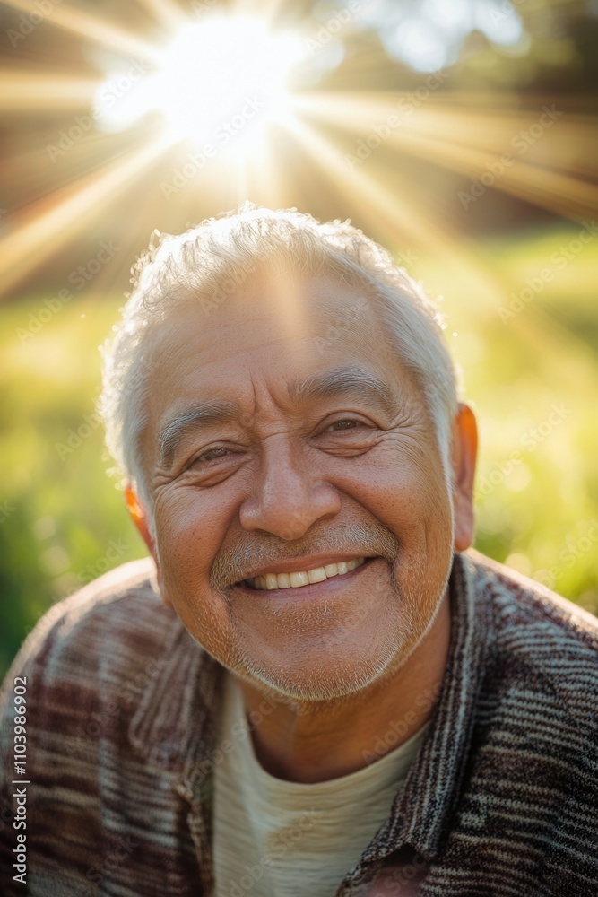 A happy elderly man enjoying the sunshine in a green field, great for use in lifestyle or inspirational imagery
