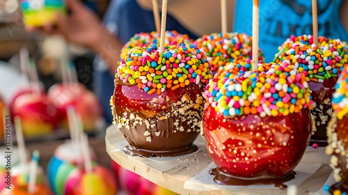 Colorful caramel apples topped with sprinkles on display at a festive event.